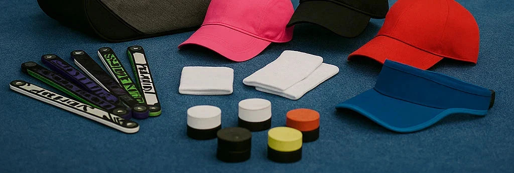 gorras, overgrips y protectores sobre la moqueta de la pista