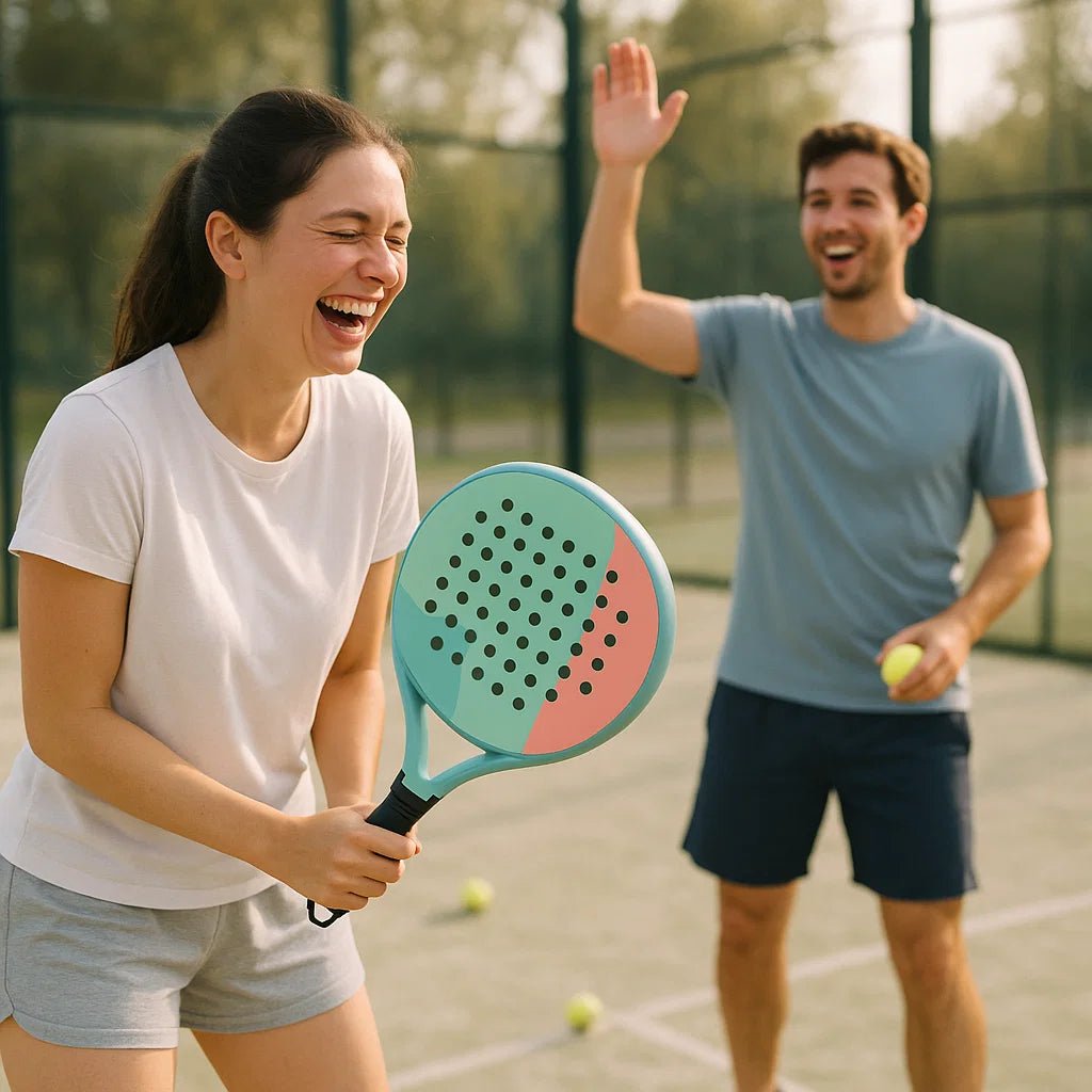 UNA JUGADORA Y UN JUGADOR DE PADEL RIENDO EN PISTA, ELLA SOSTIENE UNA PALA DE CONTROL Y EL UNA BOLA
