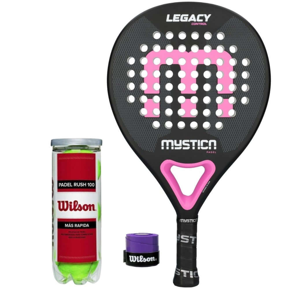 BOTE BOLAS WILSON, OVERGRIP WILSON VIOLETA Y PALA MYSTICA EN VISTA FRONTAL