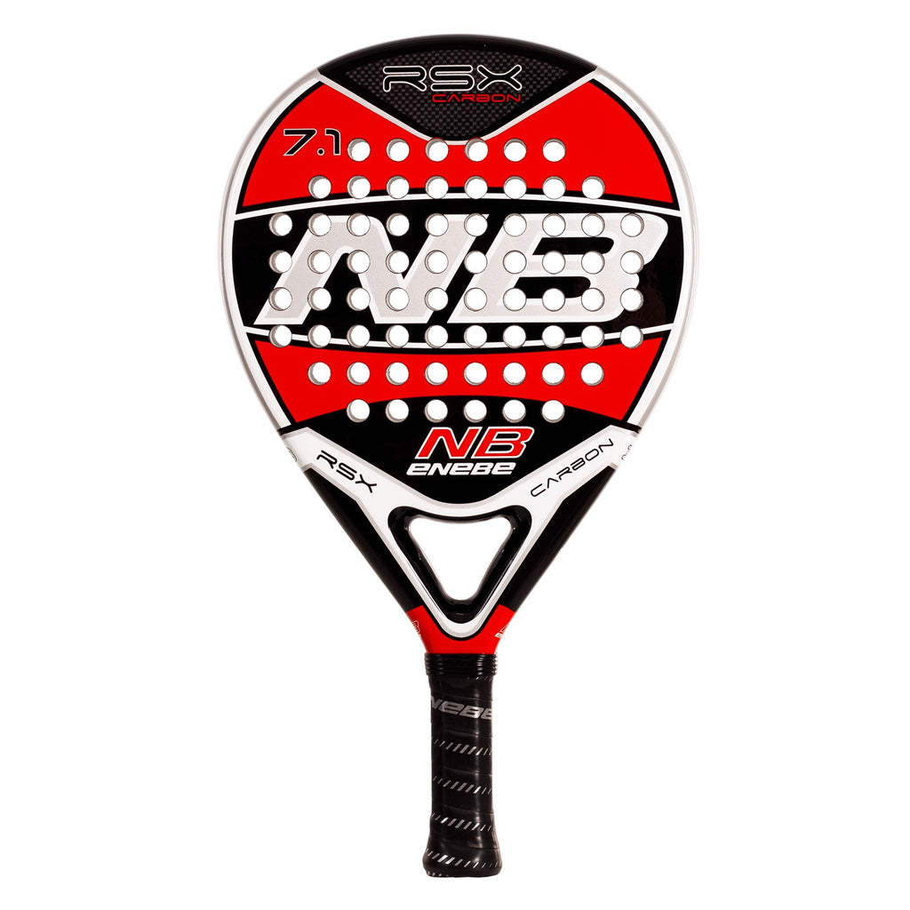 pala de pádel marca enebe RSX 7.1  de carbono 12k con colores rojo, negro y blanco en vista frontal