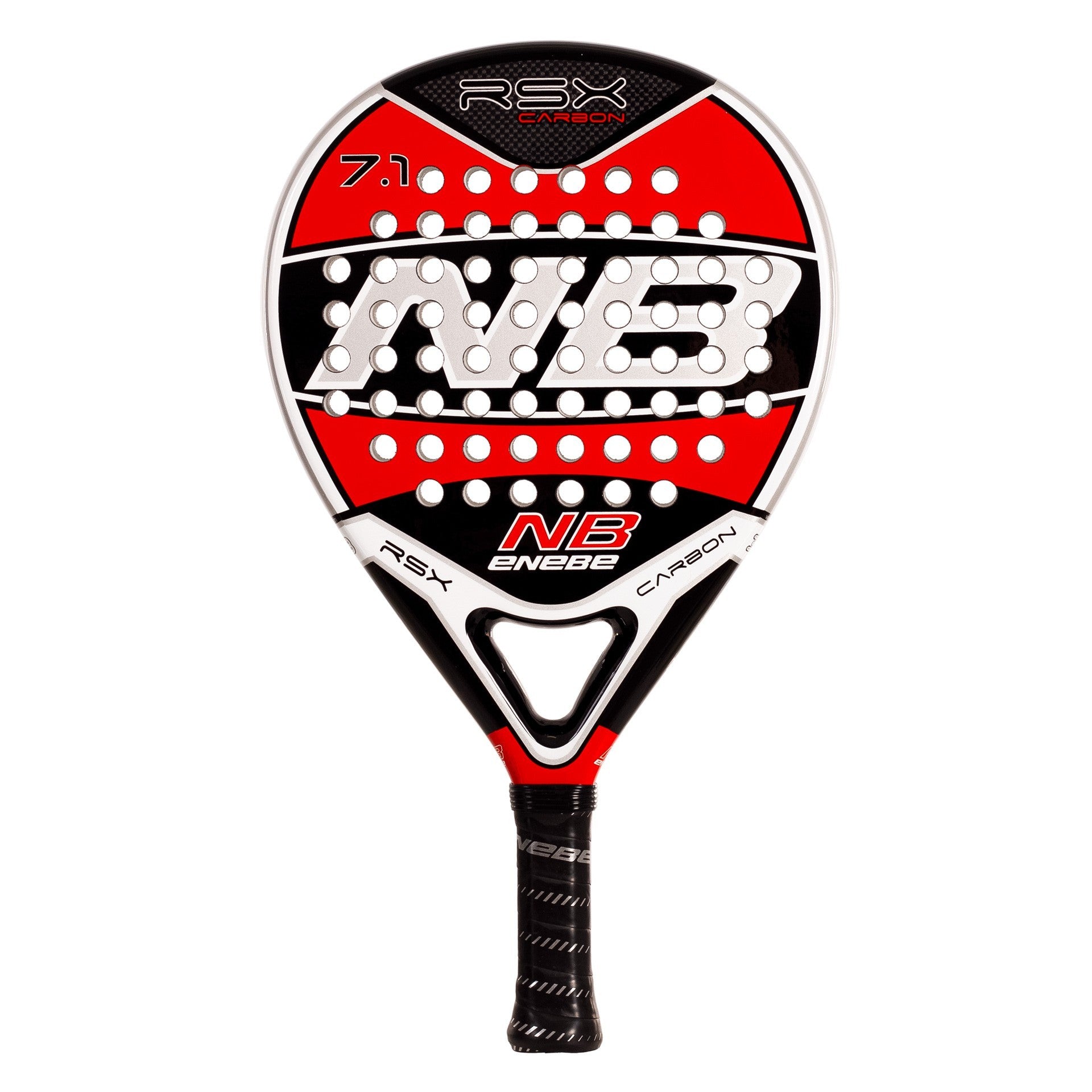 pala de pádel marca enebe RSX 7.1  de carbono 12k con colores rojo, negro y blanco en vista frontal