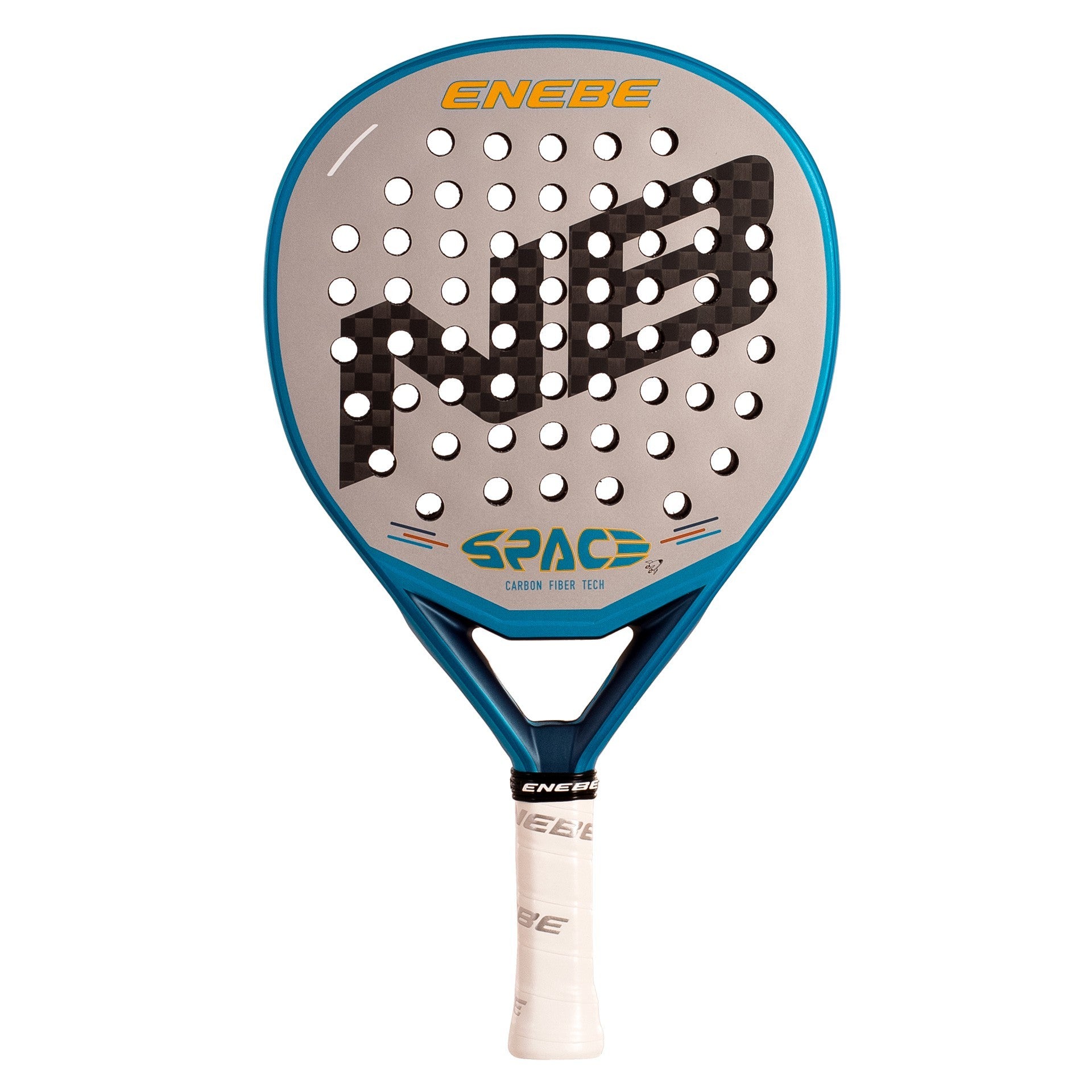 pala de pádel marca enebe modelo space con detalles en azul, amarillo y plateado, vsta frontal