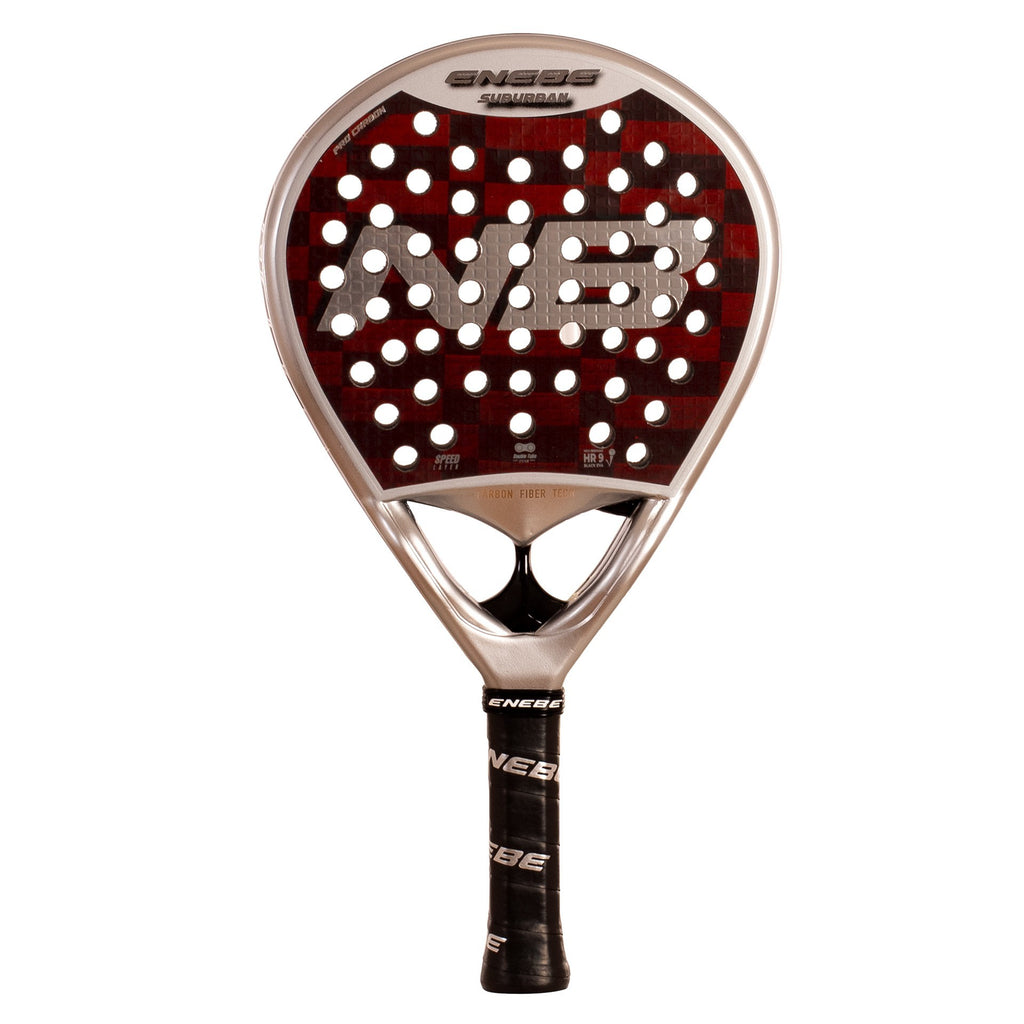 pala de pádel marca enebe de carbono 12k color rojo, bordo y plateado, vista frontal