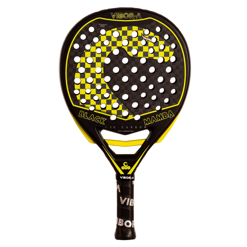 pala para padel marca vibora black mamba con detalles en amarillo, vista frontal