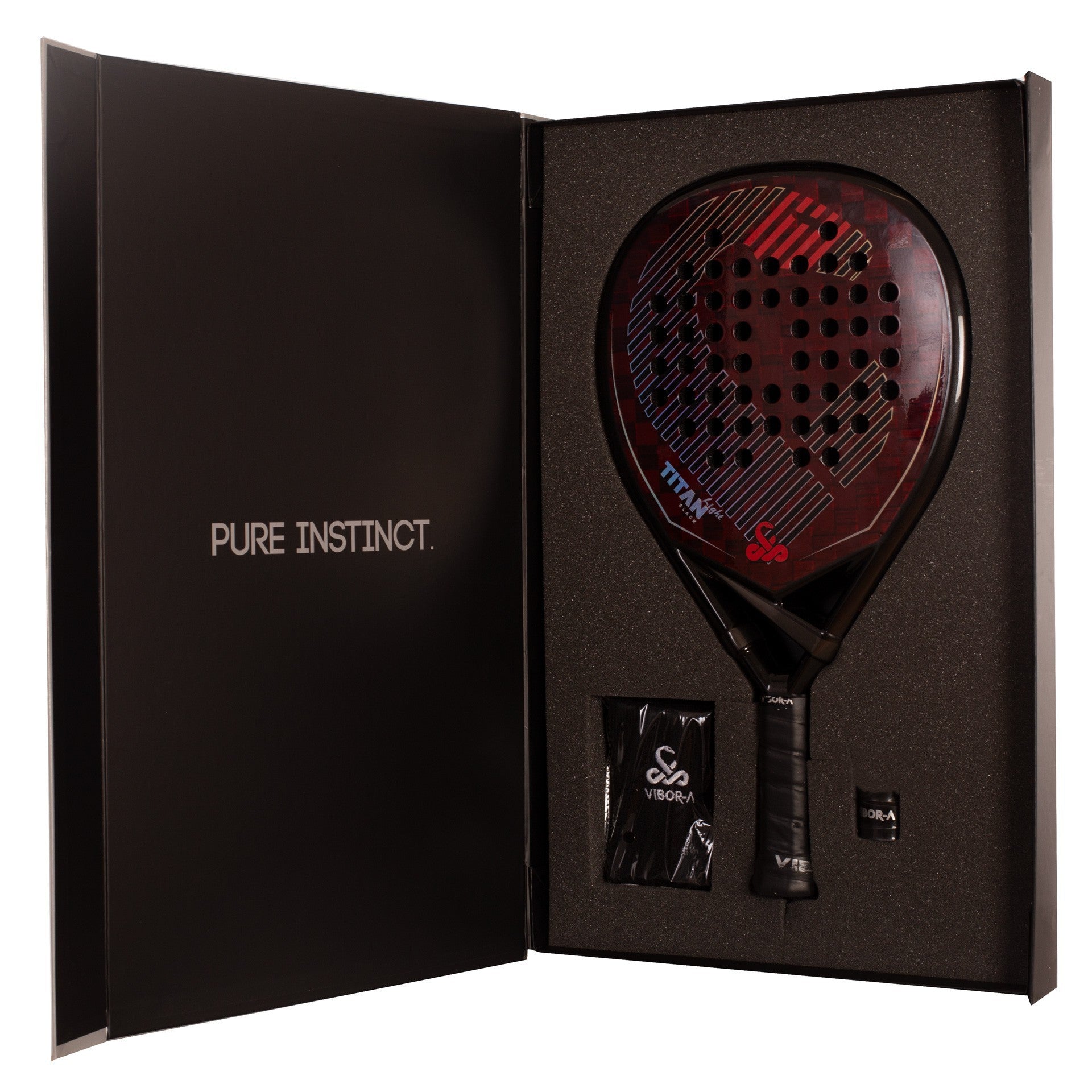 Pack Vibor-A Titan Black Light 2026 pala ultraligera carbono 24K con muñequera y overgrip en caja de lujo